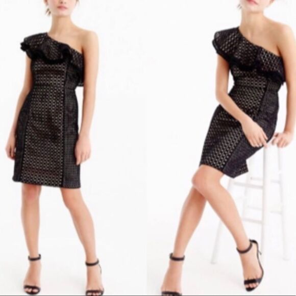 J Crew Collection One Shoulder Ruffle Eyelet Black Dress Size 2 - Picture 11 of 14
